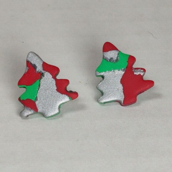 Handmade Polymer Clay Christmas Xmas Tree Stud Earrings Red Green Silver Glitter - Picture 5 of 14